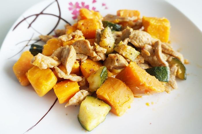 Chili-Garlic-Ginger Pork with Zucchini and Sweet Potato