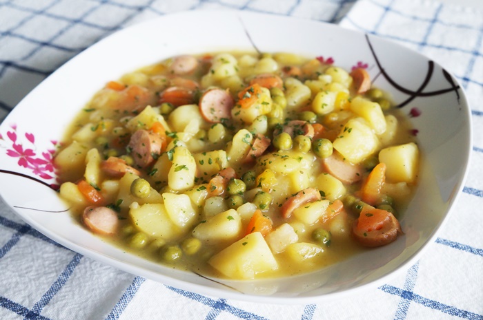 Potato and Pea Stew with Frankfurters