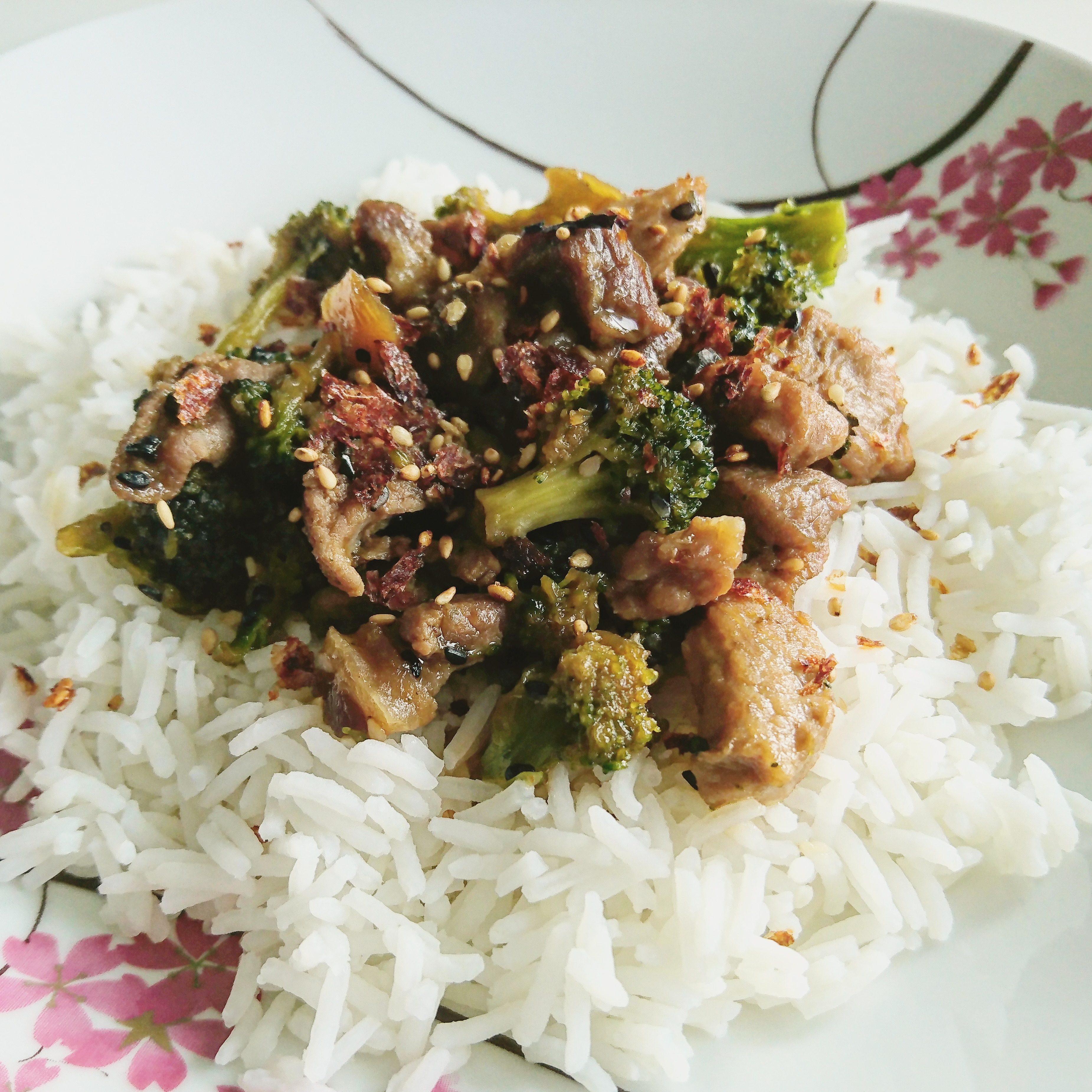 Teriyaki pork with broccoli and basmati rice